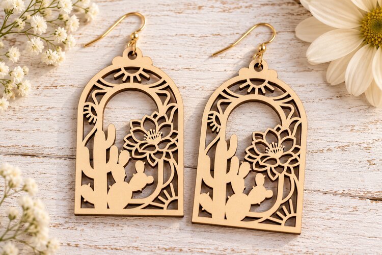 Arch Desert Cactus Botanical Laser Cut Earrings SVG Design example image 1