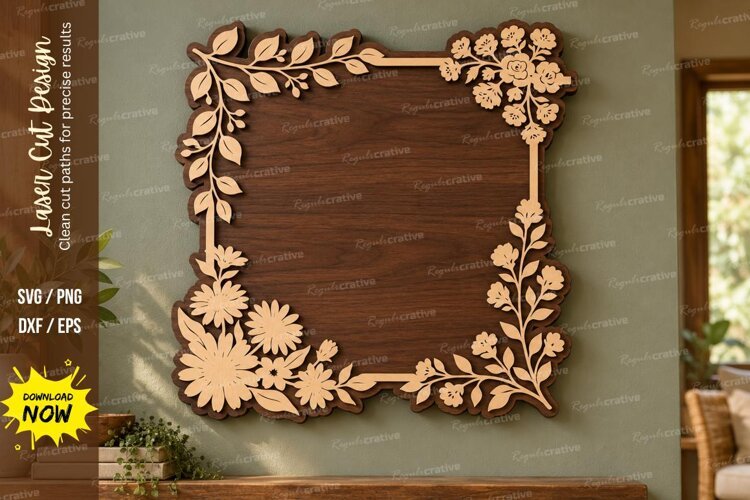 Floral Square Frame Laser Cut Wall Art floral frame svg example image 1