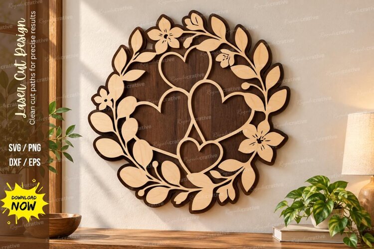 Floral Hearts Laser Cut Wall Art SVG floral heart svg, heart example image 1