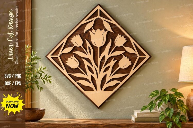 Tulip Diamond Laser Cut Wall Art SVG tulip svg, tulip wall example image 1
