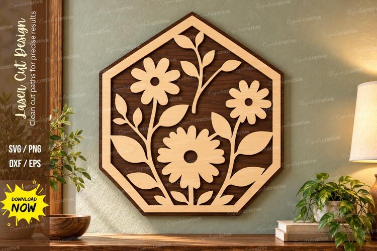 Daisy Hexagon Laser Cut Wall Art SVG daisy flower svg, daisy example image 1