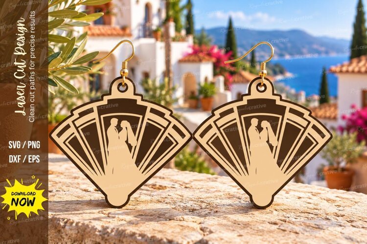 Fan Shape Wedding Couple Wooden Earrings Laser Cut SVG, Art example image 1