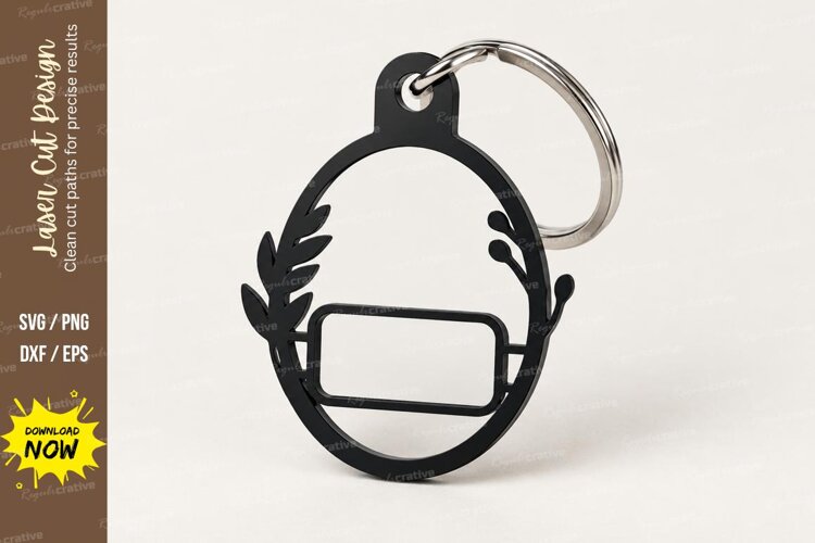 Oval Label Frame Leaf Branch Keychain Laser Cut SVG, Botanic example image 1