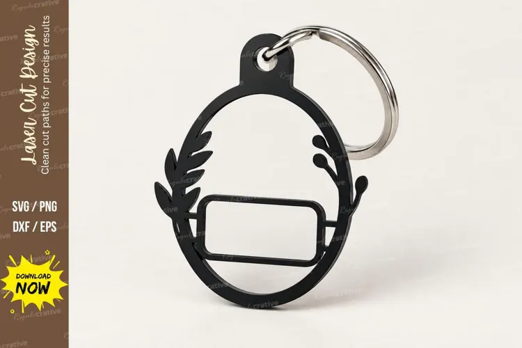 Oval Label Frame Leaf Branch Keychain Laser Cut SVG, Botanic