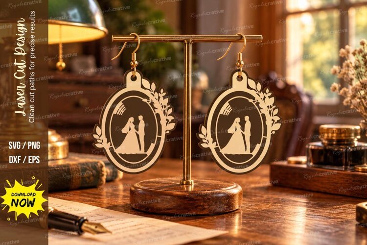 Oval Wedding Couple Botanical Wreath Wooden Earrings Laser example image 1