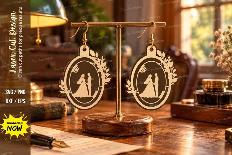 Oval Wedding Couple Botanical Wreath Wooden Earrings Laser