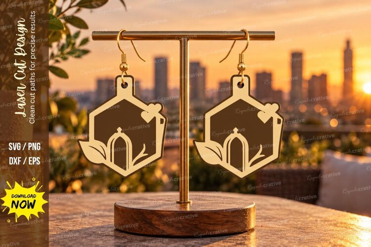 Hexagon Arch Window Botanical Wooden Earrings Laser Cut SVG example image 1