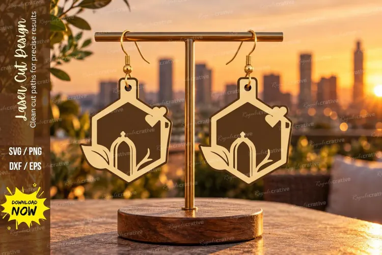 Hexagon Arch Window Botanical Wooden Earrings Laser Cut SVG
