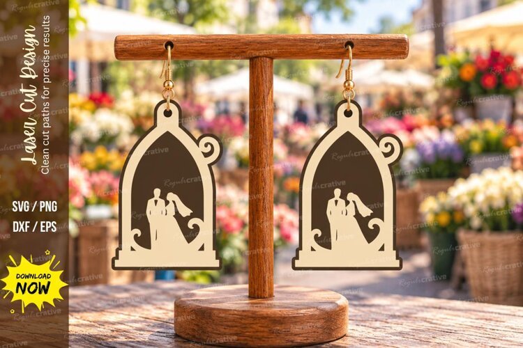 Arch Wedding Couple Pillar Wooden Earrings Laser Cut SVG las example image 1