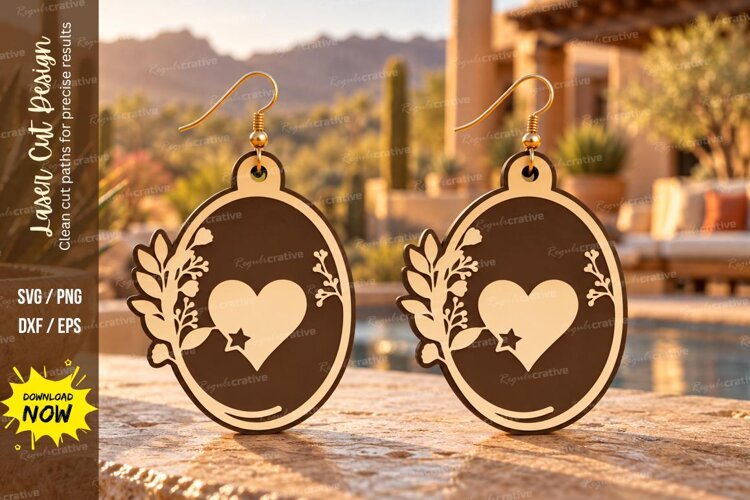 Oval Heart Botanical Star Wooden Earrings Laser Cut SVG, Nat example image 1