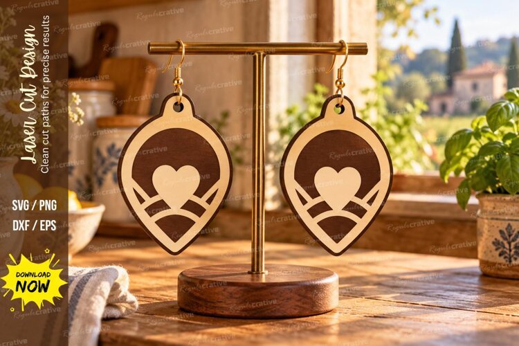 Teardrop Heart Wedding Wooden Earrings Laser Cut SVG, Romant example image 1