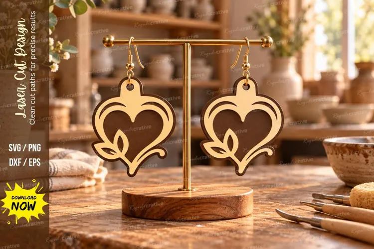 Heart Botanical Vine Wooden Earrings Laser Cut SVG, Nature
