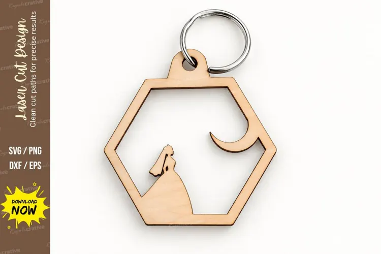 Hexagon Princess Moon Desert Keychain Laser Cut SVG, Geometr