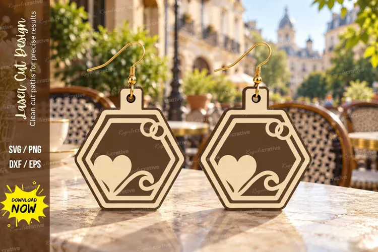 Hexagon Wave Heart Wooden Earrings Laser Cut SVG, Geometric