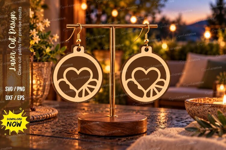 Round Heart Floral Wooden Earrings Laser Cut SVG, Circular example image 1