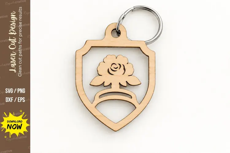 Shield Rose Floral Crown Keychain Laser Cut SVG, Botanical