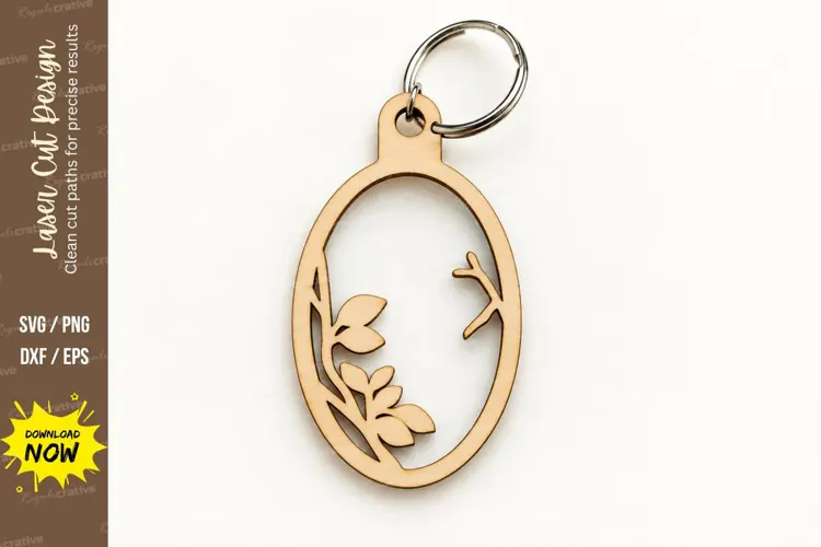 Oval Leaf Branch Frame Keychain Laser Cut SVG, Botanical