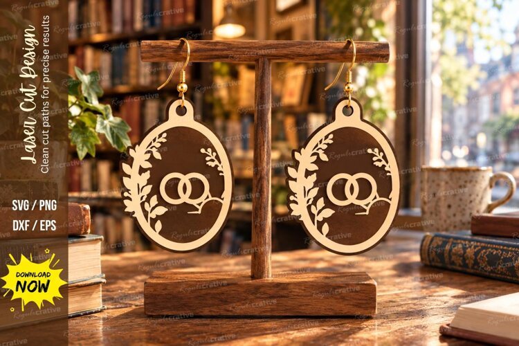 Oval Wedding Rings Wreath Wooden Earrings Laser Cut SVG example image 1