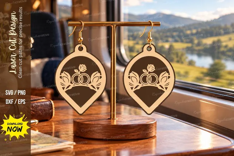 Teardrop Crown Wedding Rings Wooden Earrings Laser Cut SVG