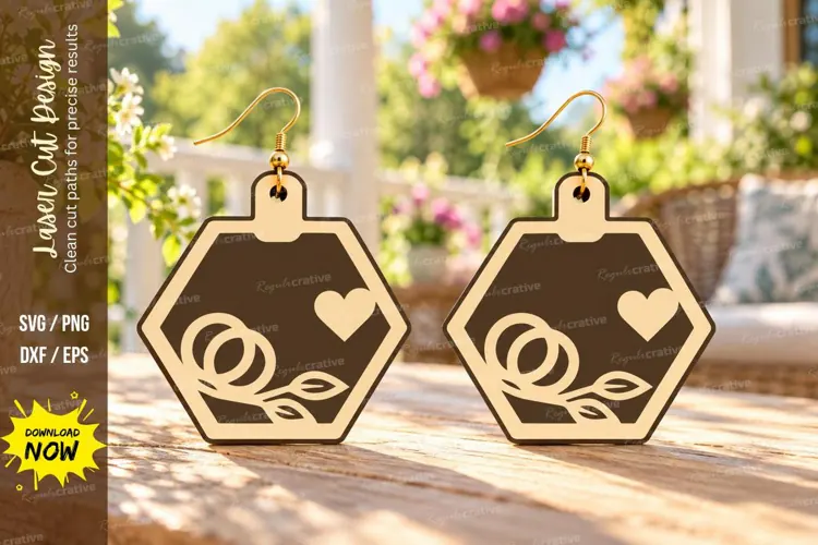 Hexagon Wedding Rings Botanical Wooden Earrings Laser Cut