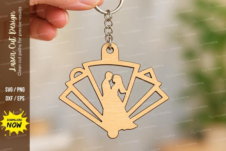 Fan Shape Wedding Couple Layered Keychain Laser Cut SVG, Art example image 1