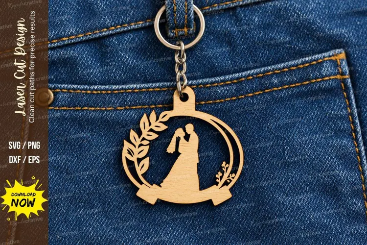 Round Floral Leaf Wedding Couple Keychain Laser Cut SVG