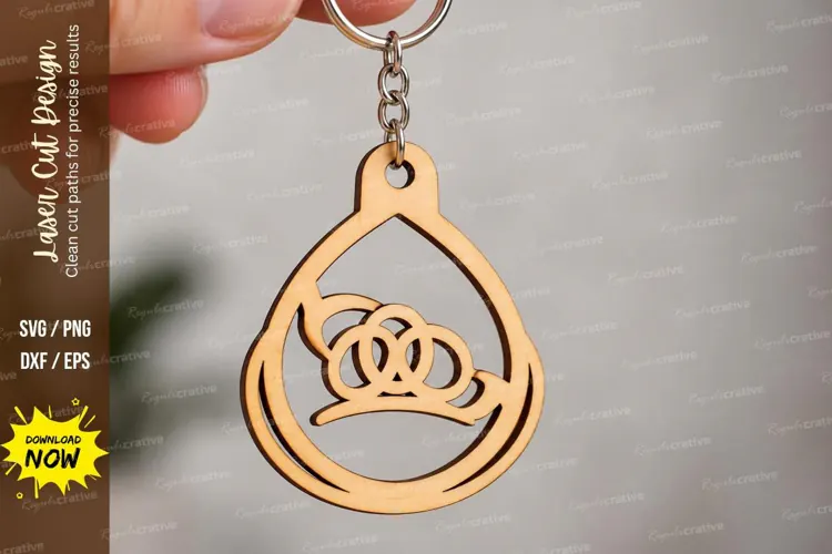 Teardrop Wedding Ring Crown Keychain Laser Cut SVG, Elegant