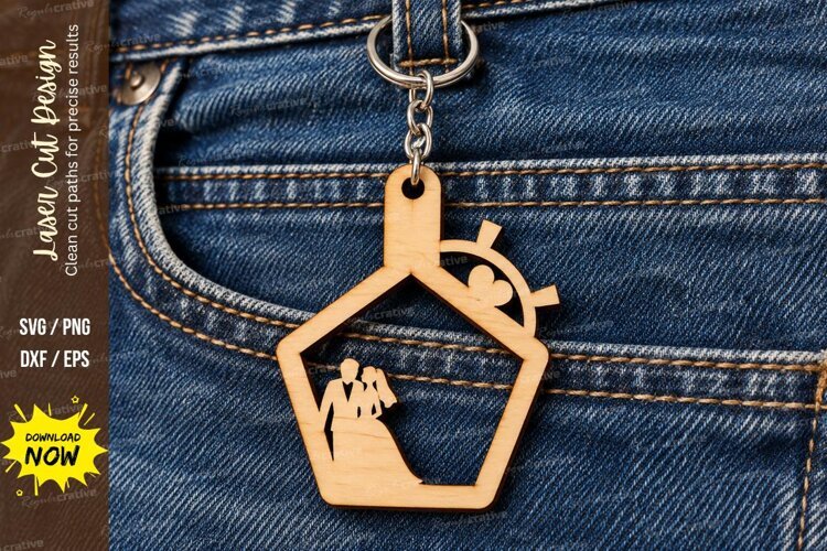 Hexagon Wedding Couple Star Keychain Laser Cut SVG example image 1