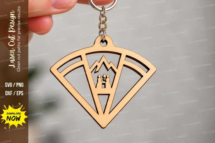 Fan Shape Castle Mountain Keychain Laser Cut SVG, Art Deco