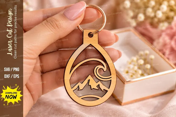 Teardrop Mountain Wave Sunset Keychain Laser Cut SVG