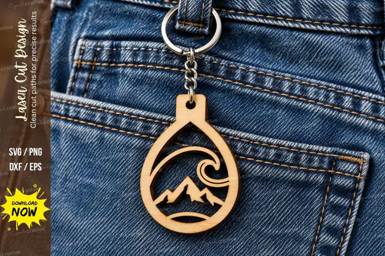 Teardrop Ocean Wave Mountain Keychain Laser Cut SVG, Nautica