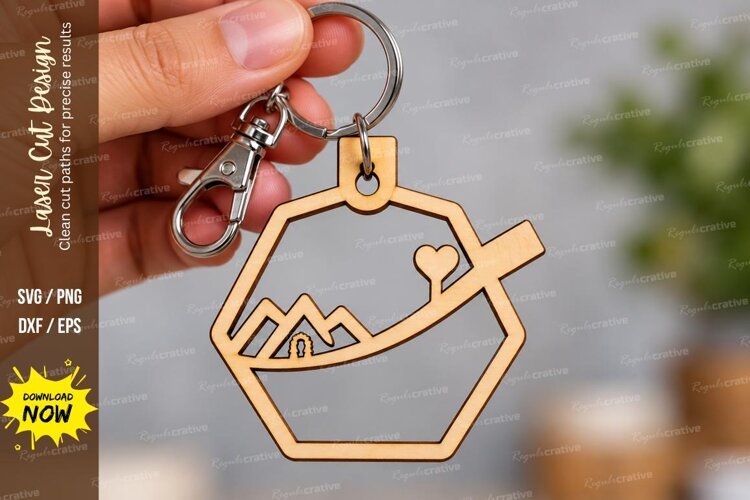 Hexagon Mountain Nature Landscape Keychain Laser Cut SVG example image 1