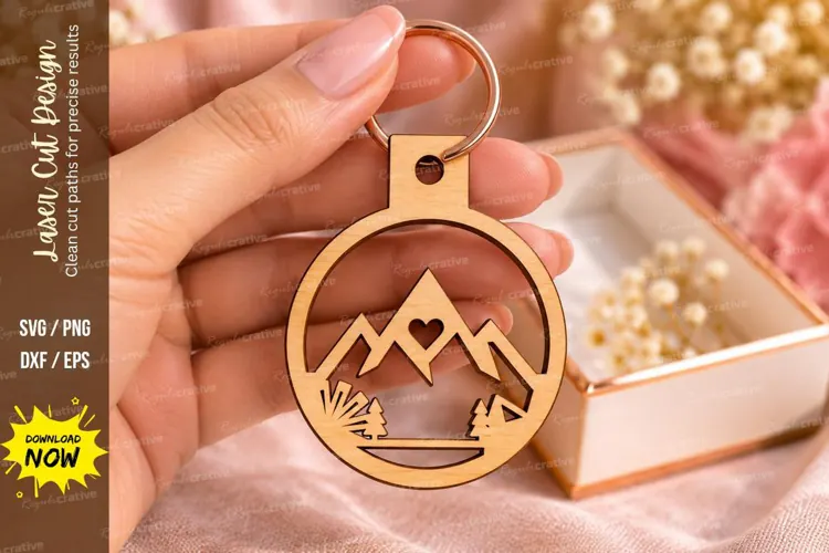 Round Mountain Forest Nature Keychain Laser Cut SVG, Circula