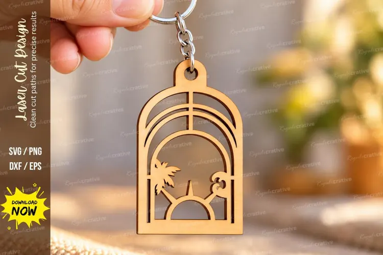 Arch Palm Tree Tropical Sunset Keychain Laser Cut SVG, Sceni