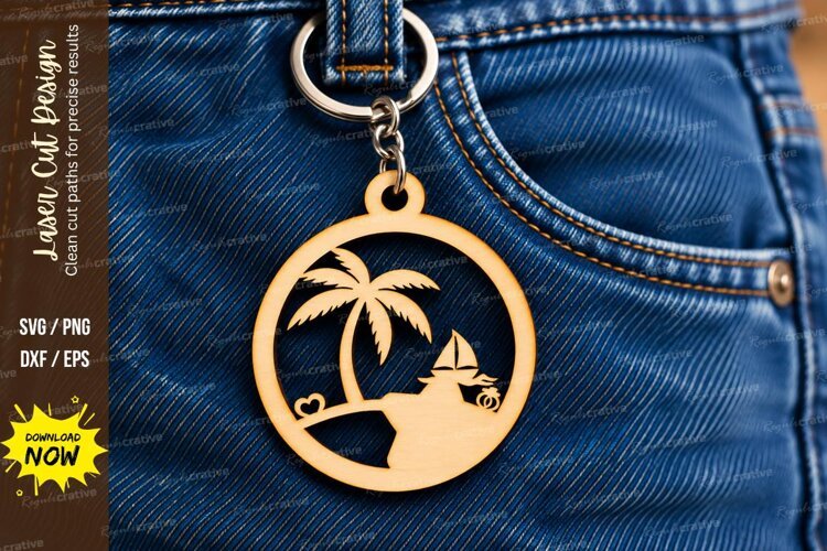Round Tropical Palm Beach Wedding Keychain Laser Cut SVG example image 1