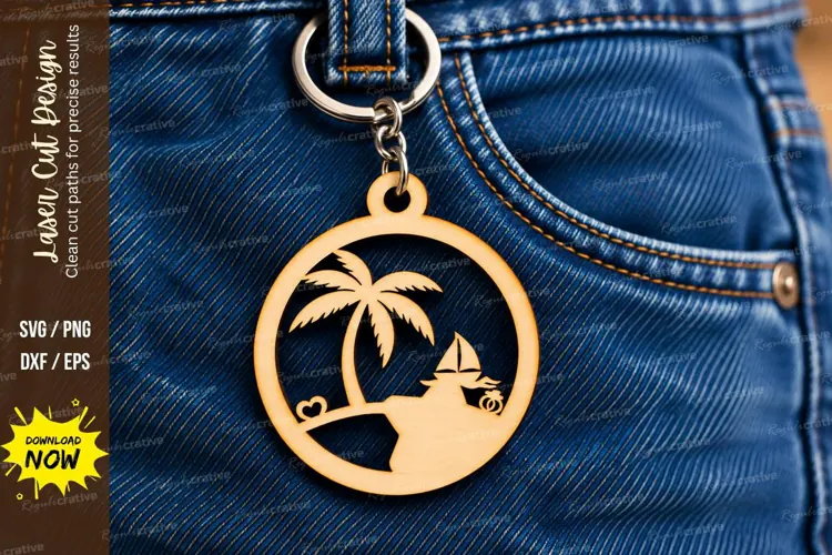 Round Tropical Palm Beach Wedding Keychain Laser Cut SVG