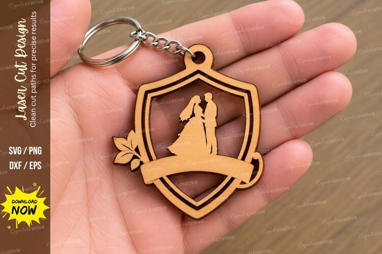 Shield Wedding Couple Floral Wreath Keychain Laser Cut SVG example image 1