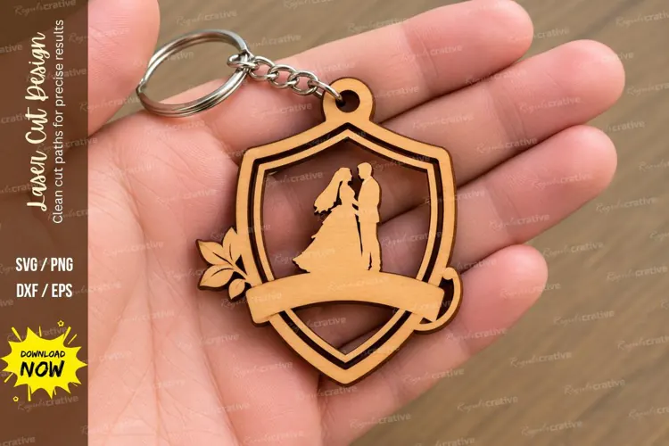 Shield Wedding Couple Floral Wreath Keychain Laser Cut SVG