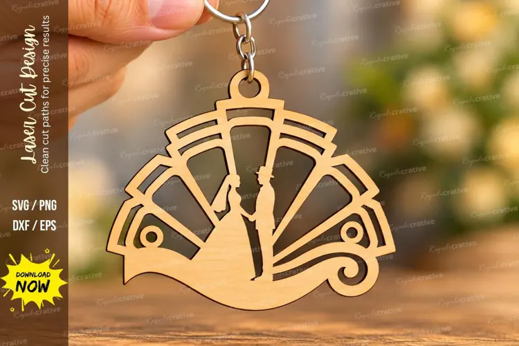 Fan Shape Wedding Couple Art Deco Keychain Laser Cut SVG
