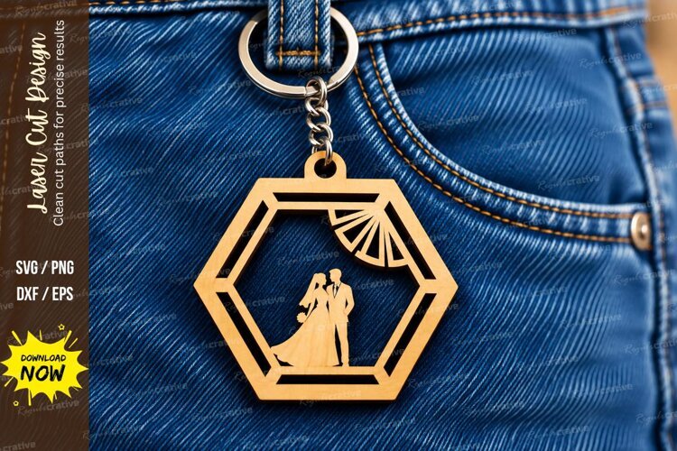 Hexagon Wedding Couple Sun Landscape Keychain Laser Cut SVG, example image 1