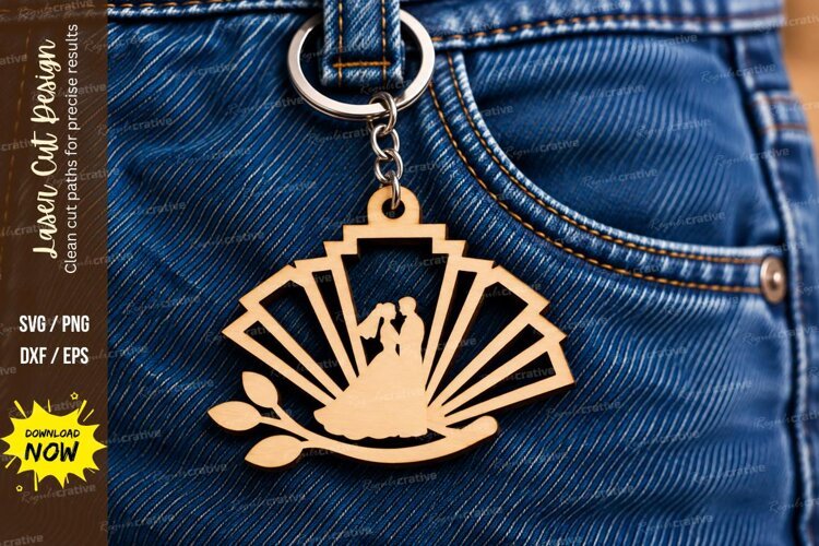 Fan Shape Wedding Couple Botanical Keychain Laser Cut SVG, A example image 1