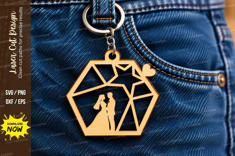 Hexagon Wedding Couple Star Geometric Keychain Laser Cut SVG