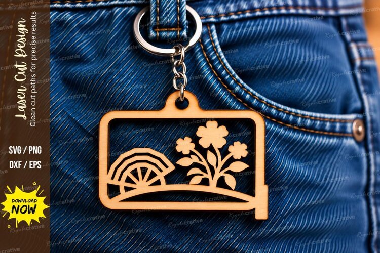 Rectangle Floral Sunset Landscape Keychain Laser Cut SVG example image 1