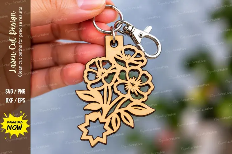 Vertical Floral Bouquet Star Keychain Laser Cut SVG, Botanic