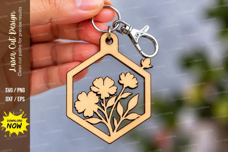 Hexagon Floral Garden Nature Keychain Laser Cut SVG, Botanic