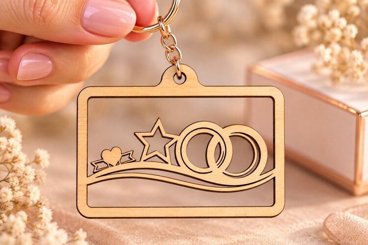 Rectangle Wedding Rings Star Landscape Keychain Laser Cut SV example image 1