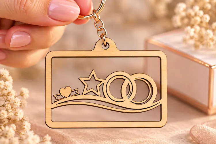 Rectangle Wedding Rings Star Landscape Keychain Laser Cut SV