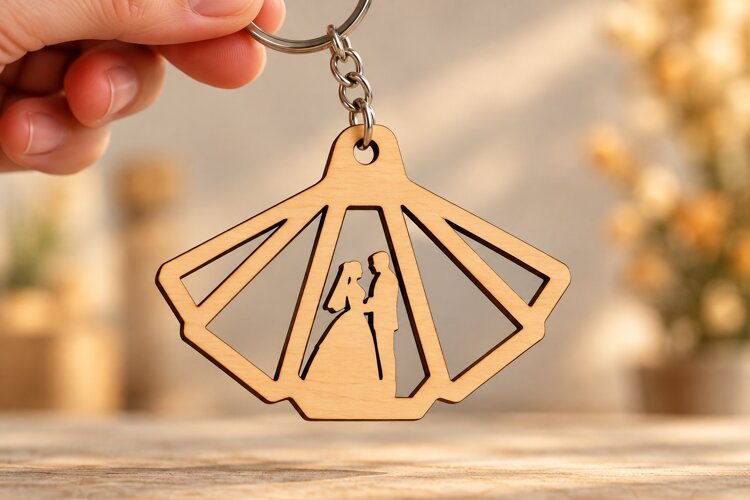 Fan Shape Wedding Dress Couple Keychain Laser Cut SVG, Art example image 1