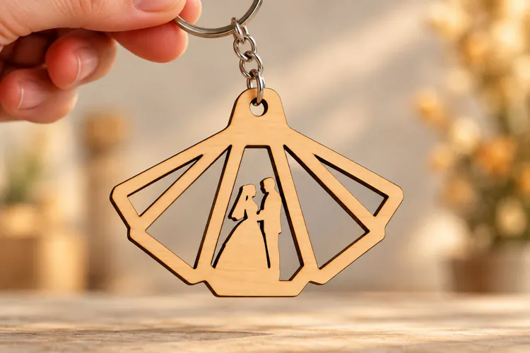 Fan Shape Wedding Dress Couple Keychain Laser Cut SVG, Art