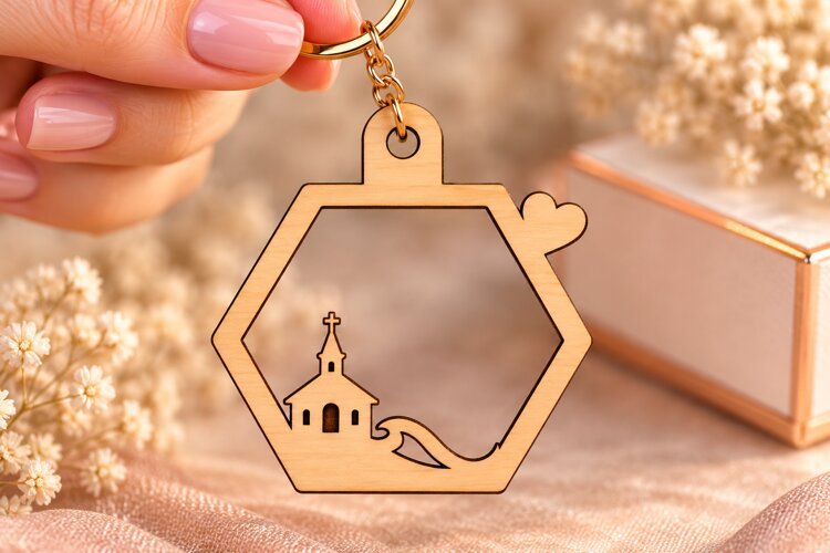 Hexagon Church Nature Landscape Keychain Laser Cut SVG example image 1